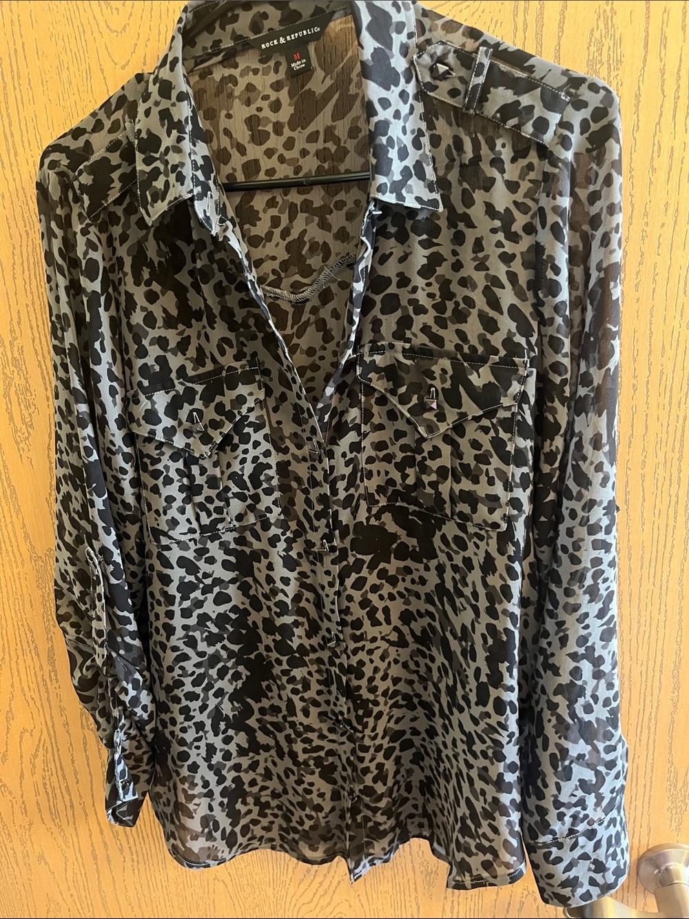Rock & Republic Black and Gray Leopard Print Button-Down Shirt